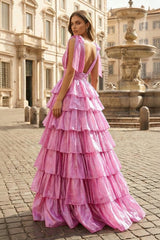 Glitter Tie Straps Pink Plunging Neck Tiered Long Prom Dress