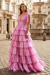 Glitter Tie Straps Pink Plunging Neck Tiered Long Prom Dress
