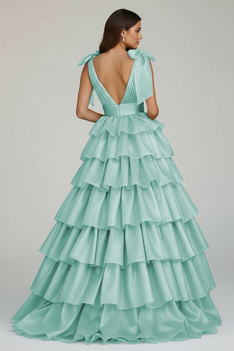 Glitter Tie Straps Pink Plunging Neck Tiered Long Prom Dress