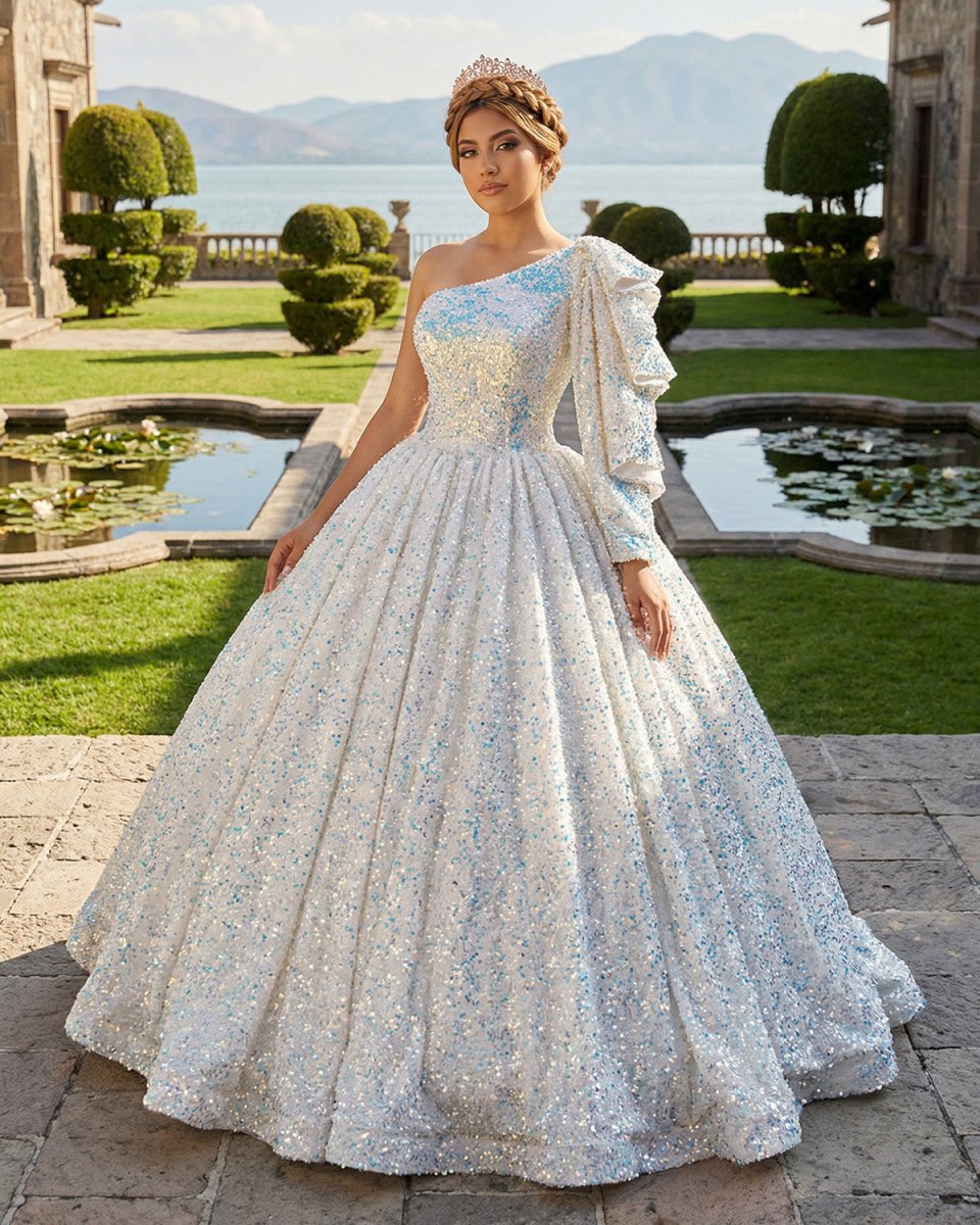 Glitter White Sequined One Shoulder Ball Gown Quinceanera Dress