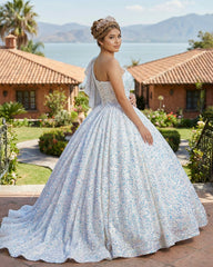 Glitter White Sequined One Shoulder Ball Gown Quinceanera Dress