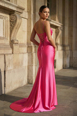 Fuchsia Spaghetti Straps Mermaid Satin Slit Prom Dresses