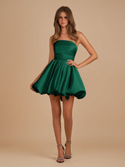 Dark Green - A Line Strapless Satin Bubble Hem Short Homecoming Dresses