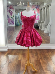 Fuchsia - Spaghetti Straps A Line Floral Ruched Short Homecoming Dress