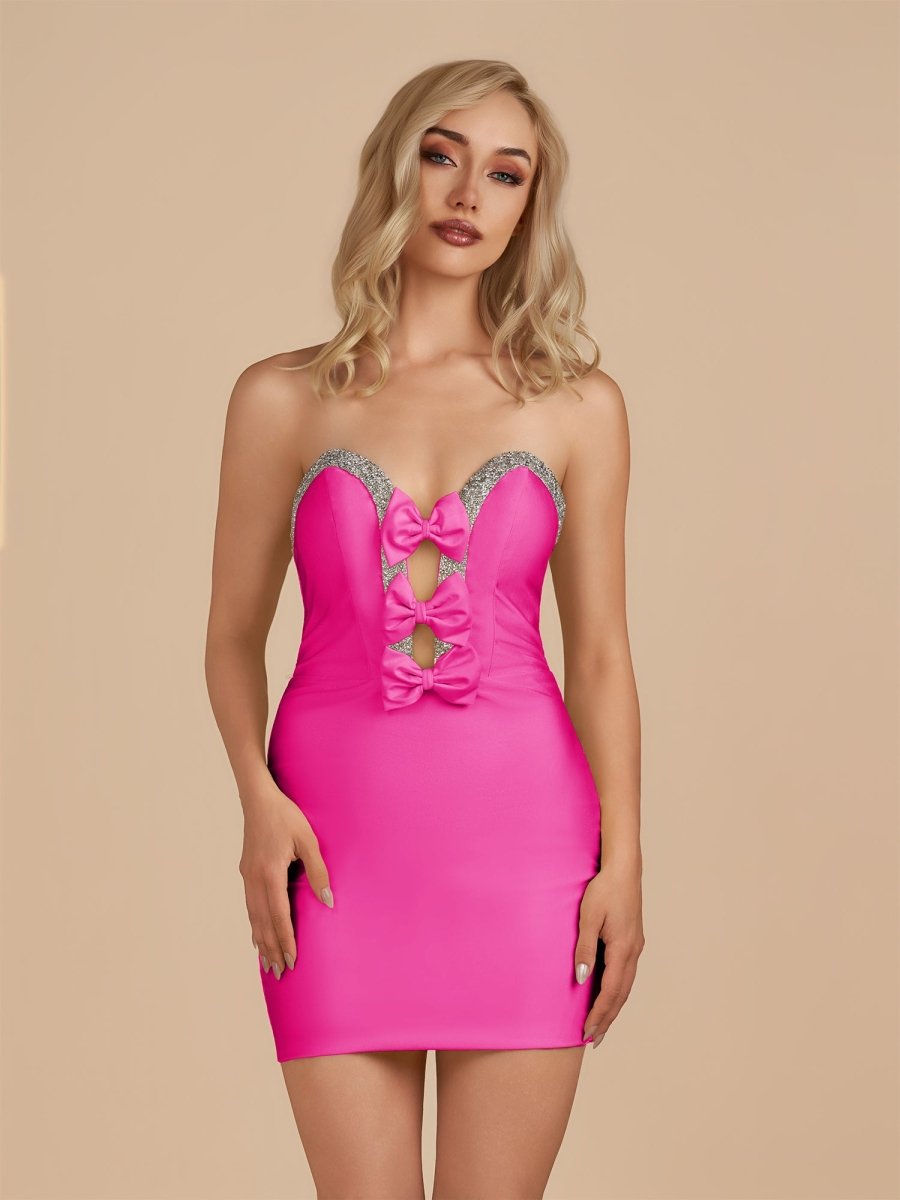 Fuchsia - Bodycon Strapless Cut Out Satin Beaded Homecoming Dress With Bows
