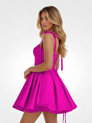 Fuchsia - Spaghetti Straps Satin Pleated A Line Homecoming Dresses With Bow