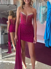 Fuchsia - Bodycon V Neck Corset Short Homecoming Dresses With Beadings