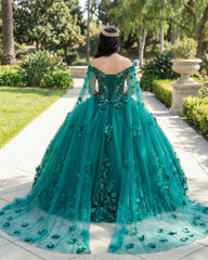 Dark Green Organza Off-the-Shoulder Ball Gown Quinceanera Dress