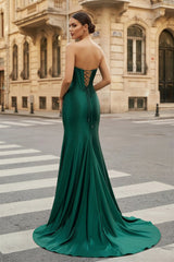 Dark Green Strapless Sheath Satin Long Prom Dress With Split