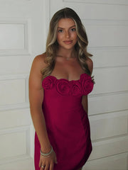 Fuchsia - Strapless Satin Sheath Short Homecoming Dresses With Flowers