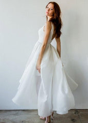 Diamond White Sleeveless V-Neck Taffeta Short Wedding Dress with Asymmetric Hem